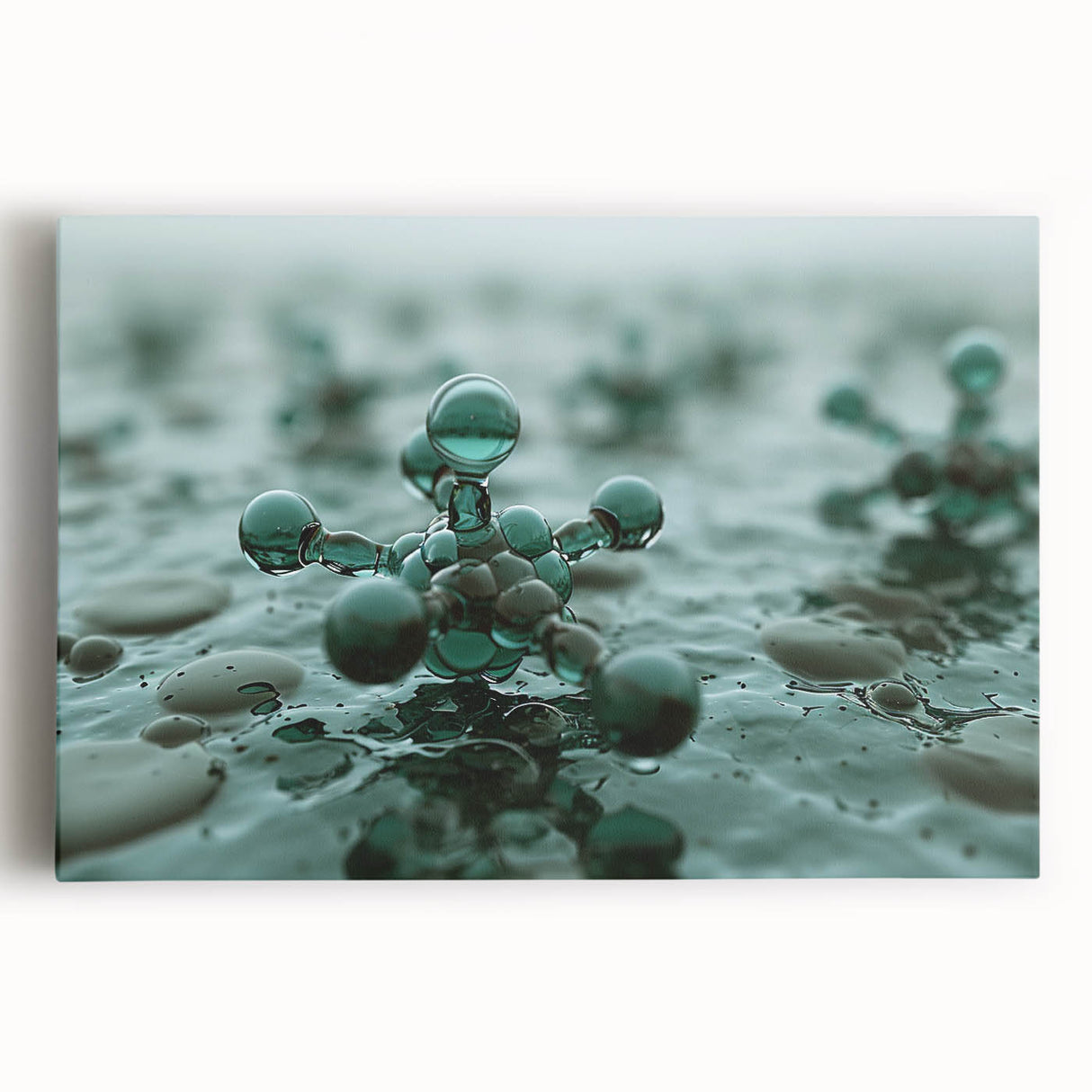 Black and white close-up photo of water droplets on a surface, printed on large stretched canvas, ideal for kitchen wall art.