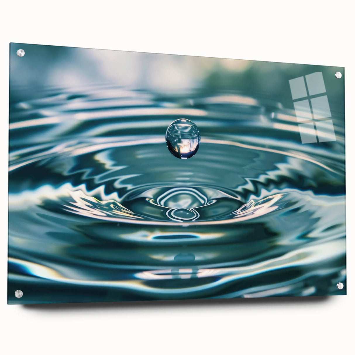 Close-up nature-inspired large abstract wall art on acrylic glass, featuring fluid water designs in blue and green tones.