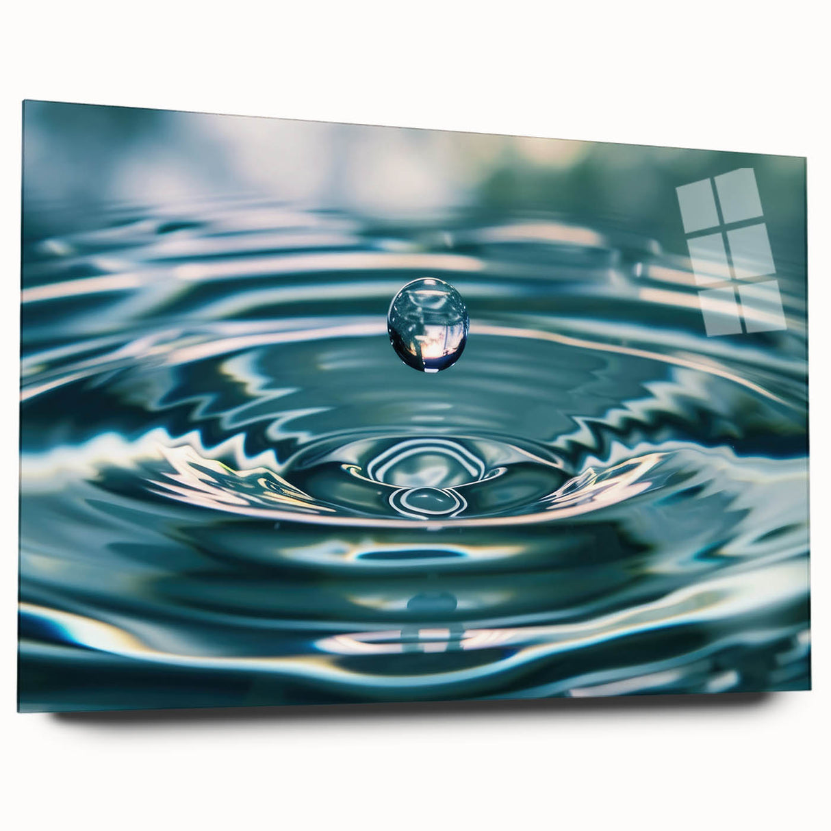 Large abstract wall art on acrylic glass depicting swirling water patterns in blue and white.