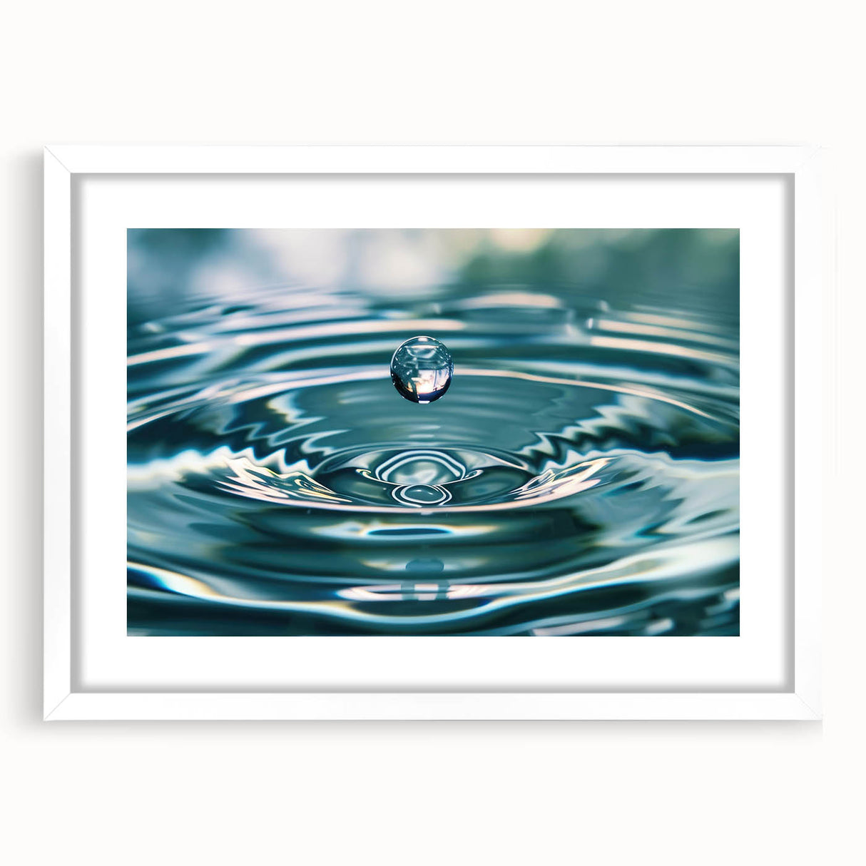 Abstract art print featuring swirling blue and white patterns on a framed white mat.