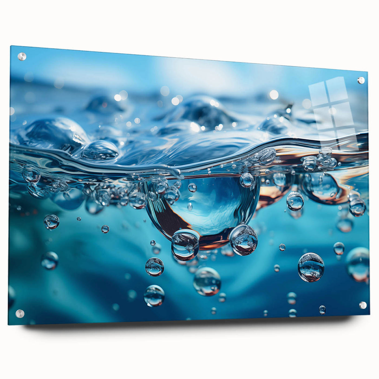 Close-up of water droplets on acrylic print, featuring shades of blue and green, ideal for dining room decor.