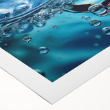 Art deco poster of stylized water droplets in blue and silver tones on rolled canvas.