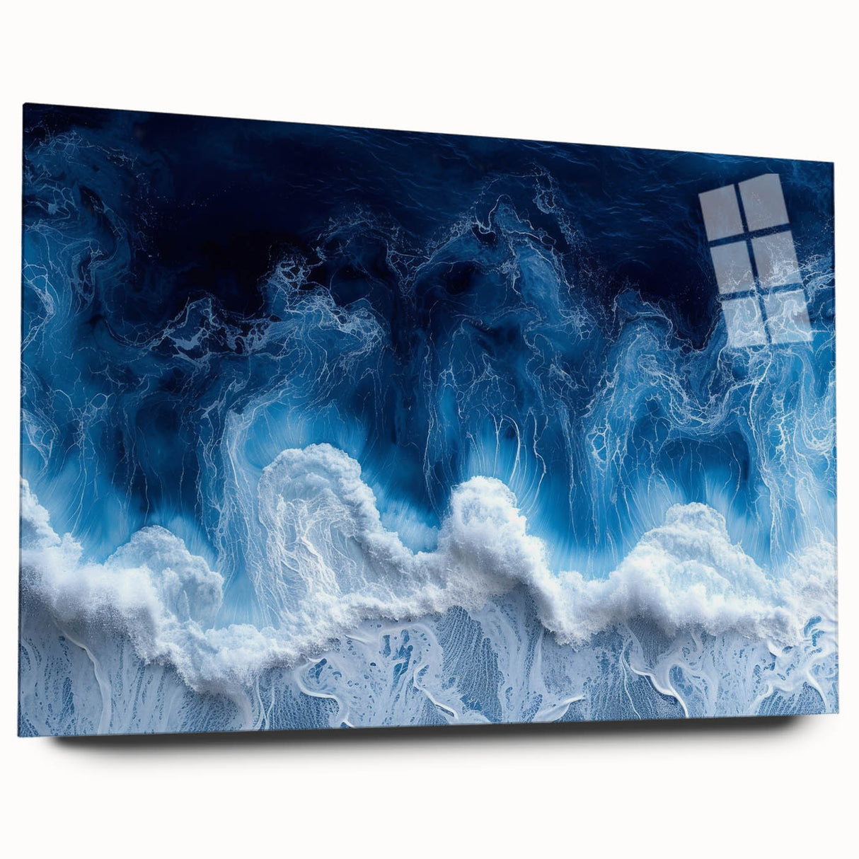 Large abstract wall art featuring swirling blue and green patterns on acrylic glass.