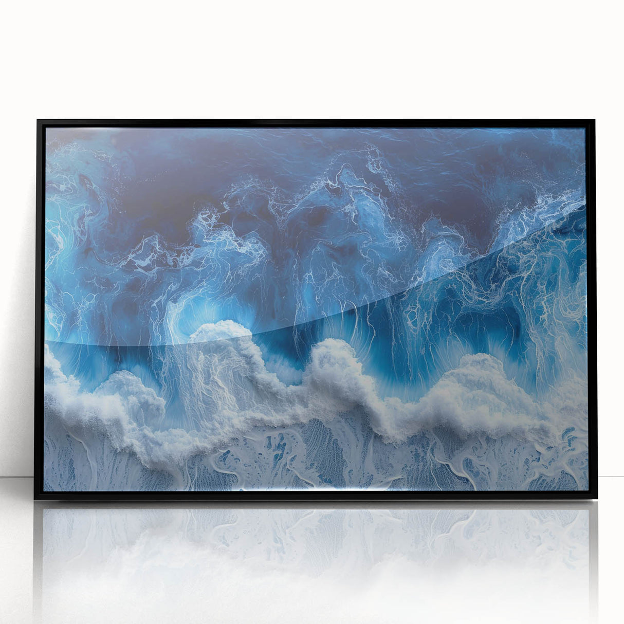 Large abstract wall art featuring swirling blue and white patterns on a framed acrylic, suited for modern art wall decor.