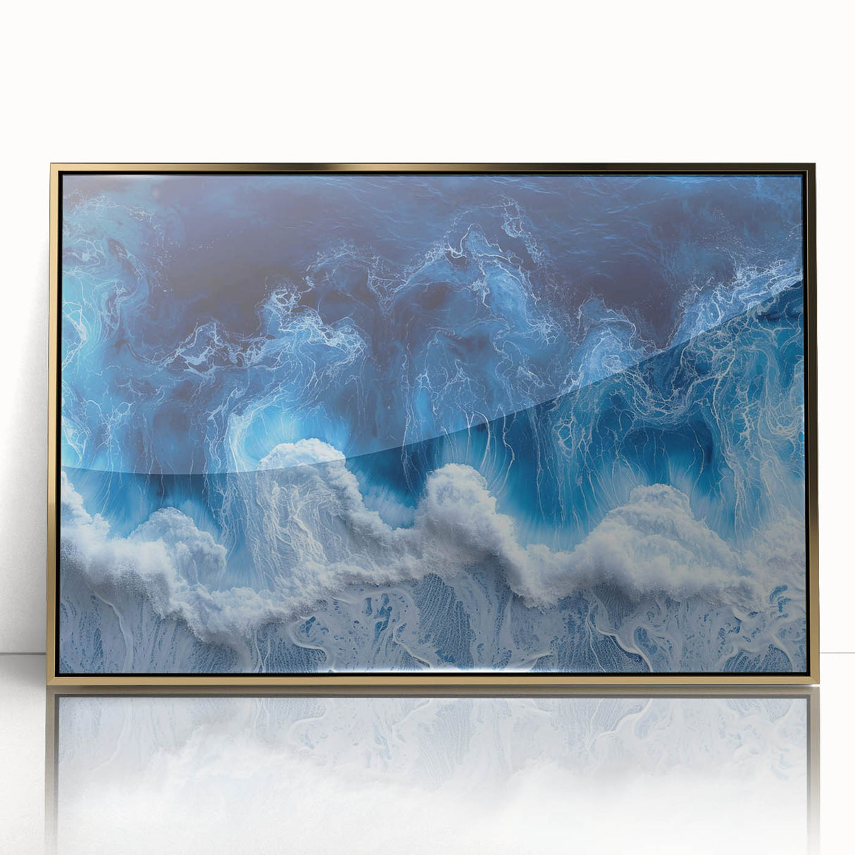 Close-up of water droplets on leaf in gold framed acrylic print, featuring green and blue tones.