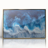 Close-up of water droplets on leaf in gold framed acrylic print, featuring green and blue tones.