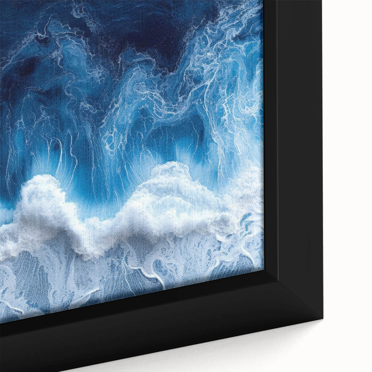 Close-up of water droplets on vibrant, textured blue surface on black framed canvas, ideal for living room decor.