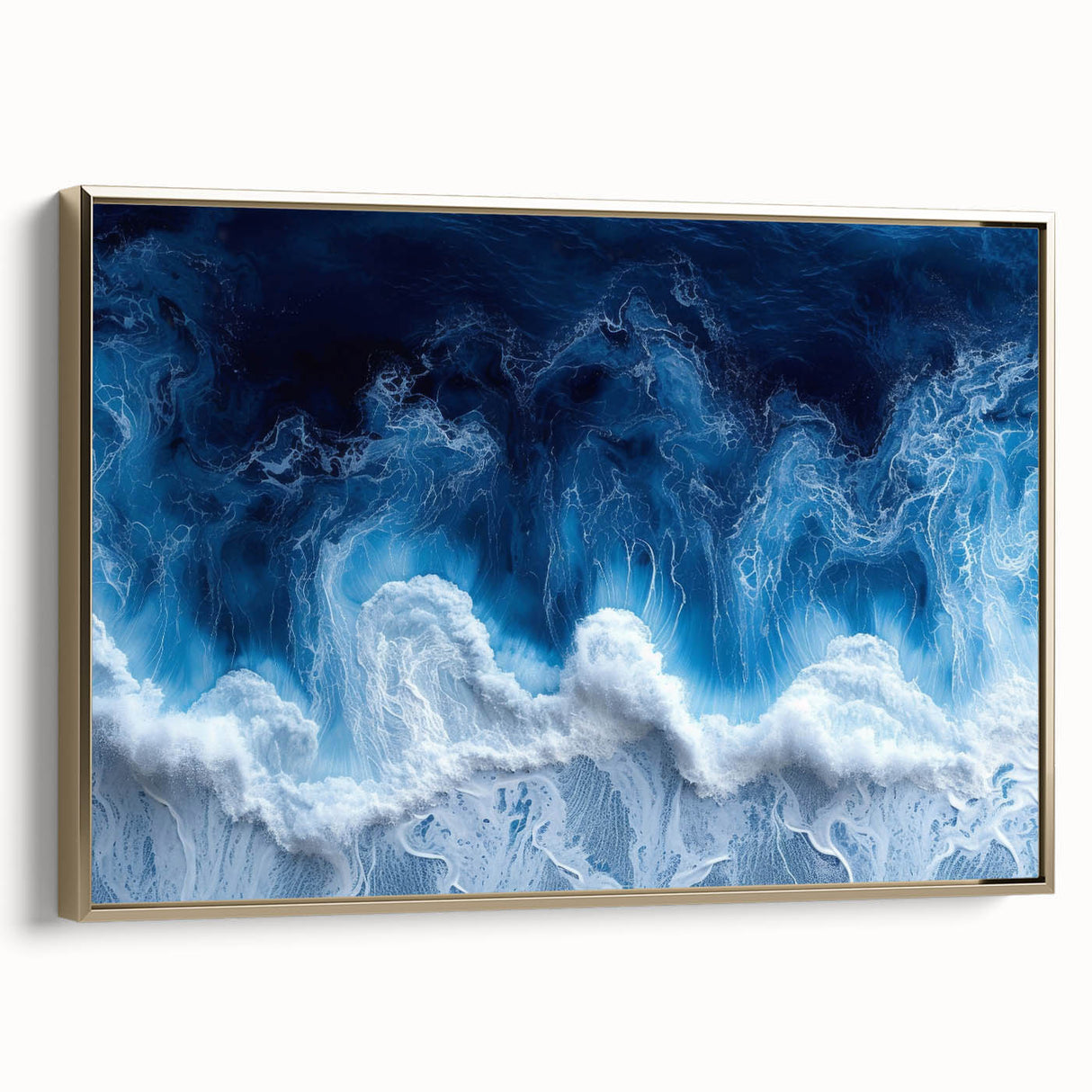 Framed canvas featuring a close-up water design in muted blue and black tones, suitable as wall art for a bedroom.