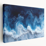 Close-up image of water droplets on leaf, in soft green and blue tones on stretched canvas, suitable for kitchen wall art.