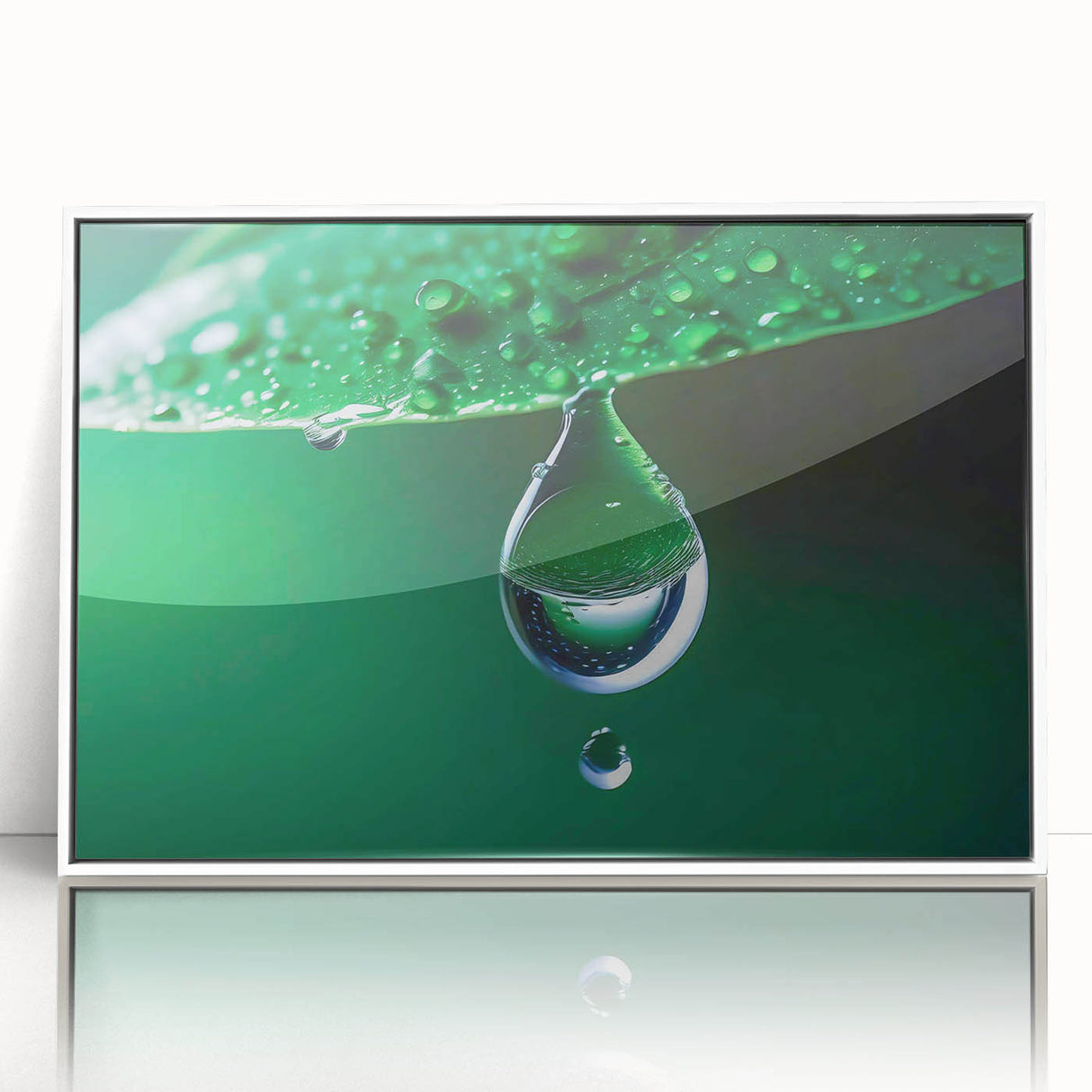 Art deco poster featuring close-up water design in muted blue and white tones on a framed acrylic.