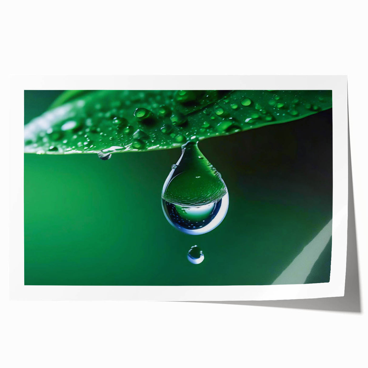 Close-up of water droplets on vibrant green leaves in a rolled print, suitable for art wall dining room.