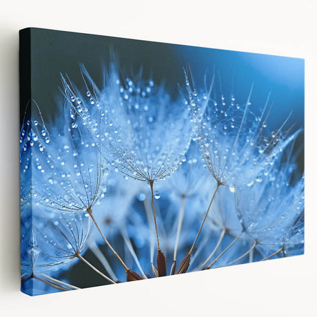 Close-up image of water droplets on vibrant green leaves printed on stretched canvas, suitable for kitchen wall art.