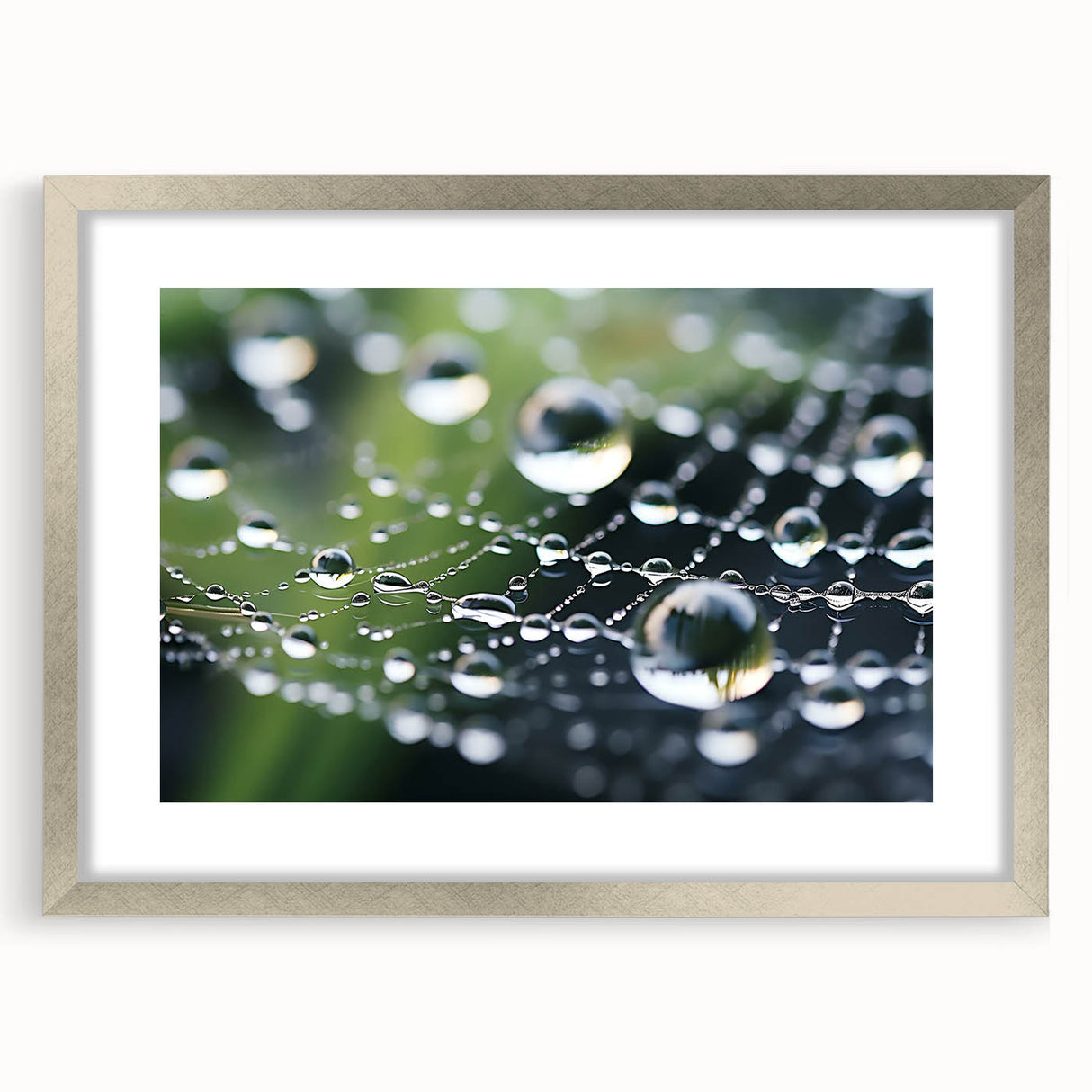 Textured abstract art print depicting rippling water, in muted blue and silver hues, framed with a silver mat.