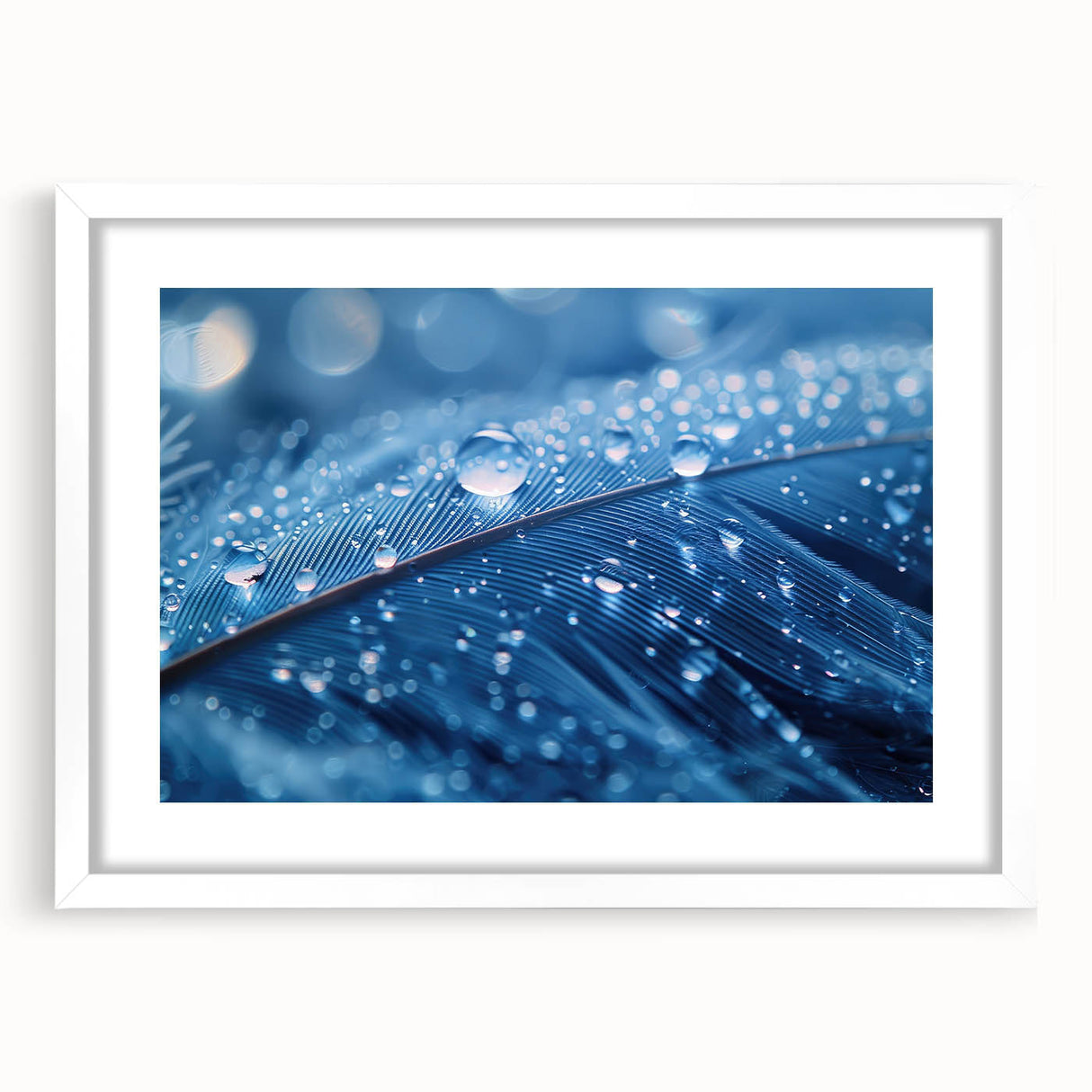 Abstract art print featuring swirling blue and green patterns, framed in white, ideal for dining room decor.