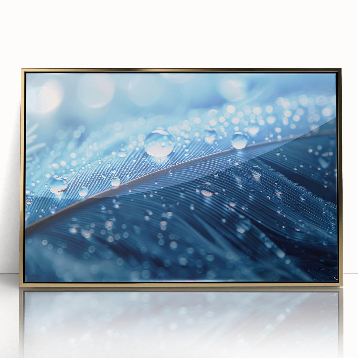Large acrylic print of a close-up water design with gold frame, in mid-century modernist style.