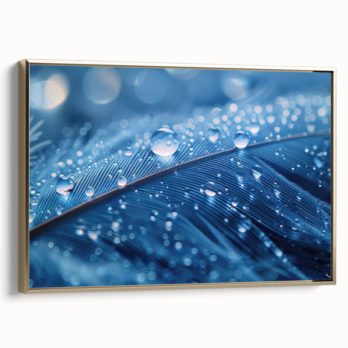 Framed canvas depicting a close-up water landscape in vibrant blue and green tones, ideal for living room decor.