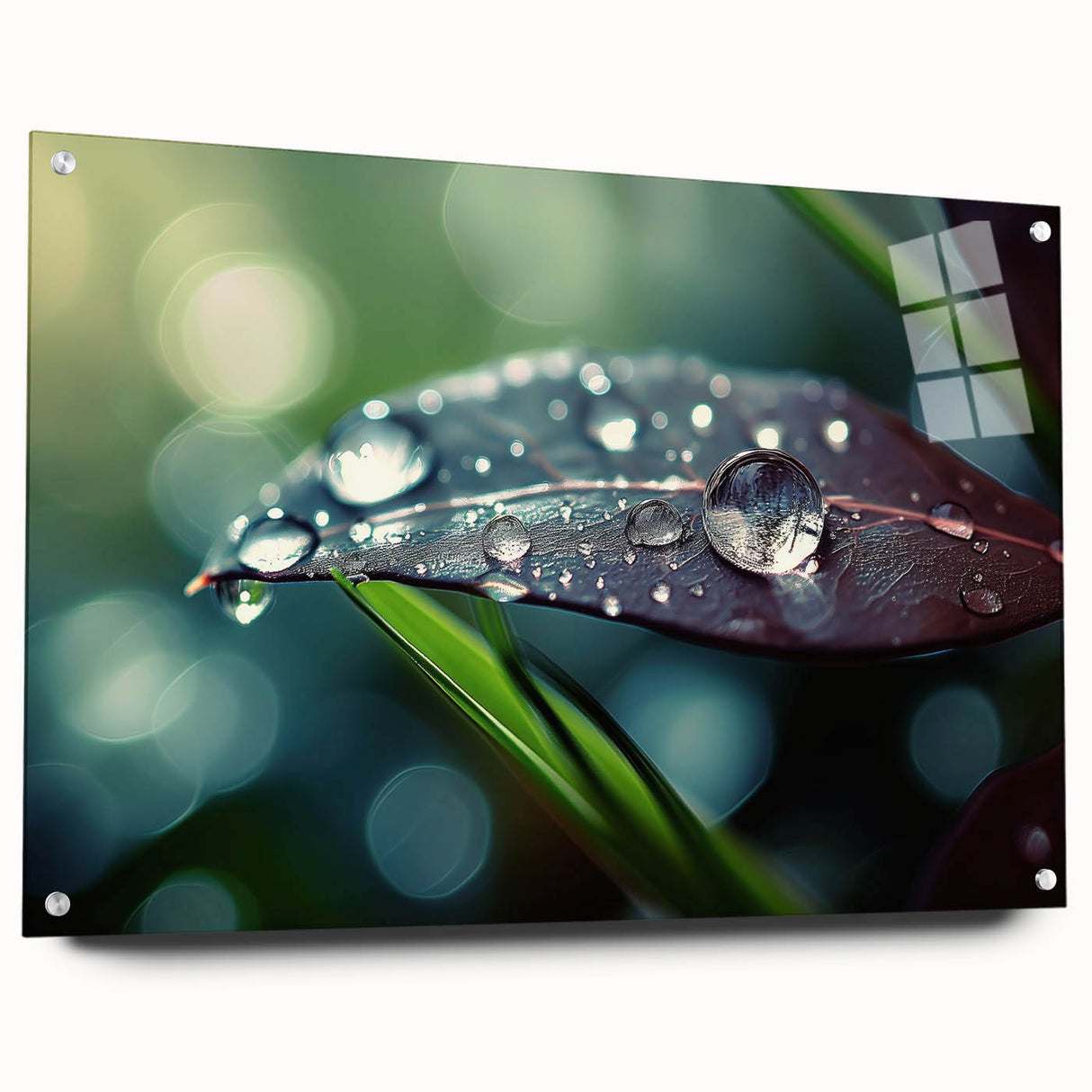 Large abstract wall art on acrylic glass showing close-up water design in blue and white tones.
