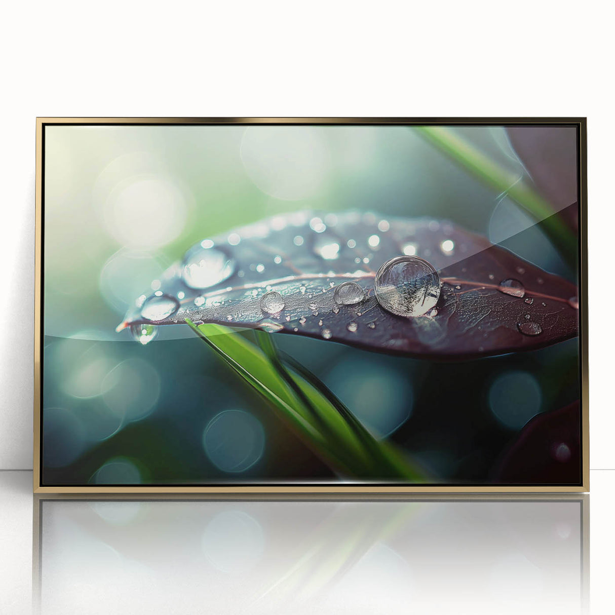 Close-up of water droplets on leaf in a gold-framed acrylic print, using soft green and blue tones.