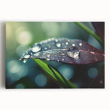 Black and white close-up photo of water droplets on a leaf, printed on large stretched canvas, ideal for kitchen wall art.