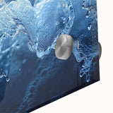 Close-up of water droplets on leaf, in muted green and blue tones on acrylic glass.