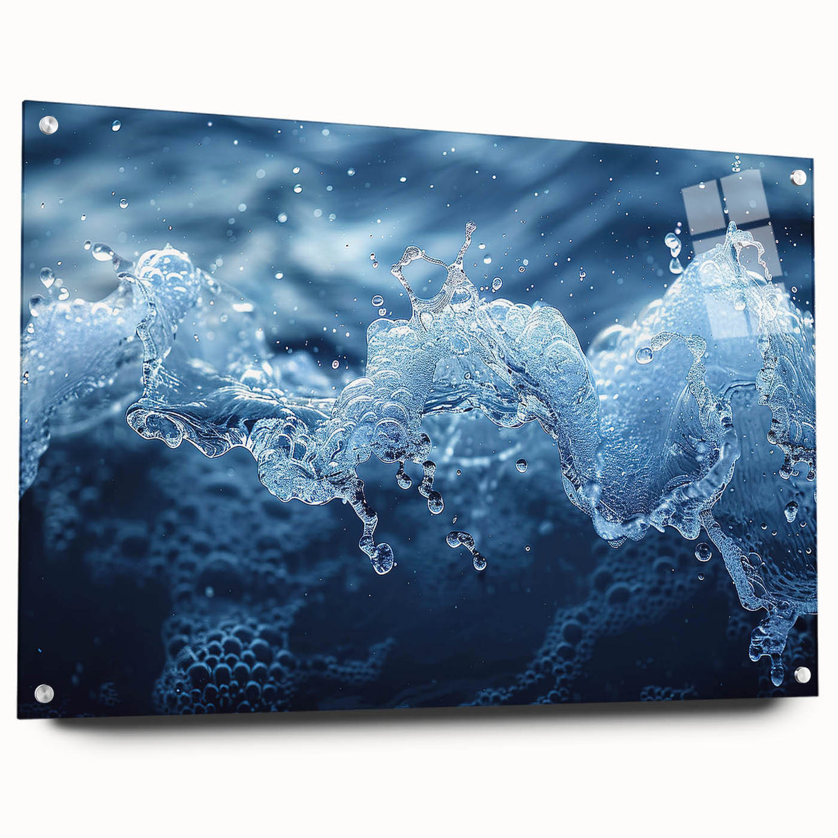 Close-up of water droplets on acrylic glass, in muted blue and green tones, ideal for modern bedroom or dining room decor.