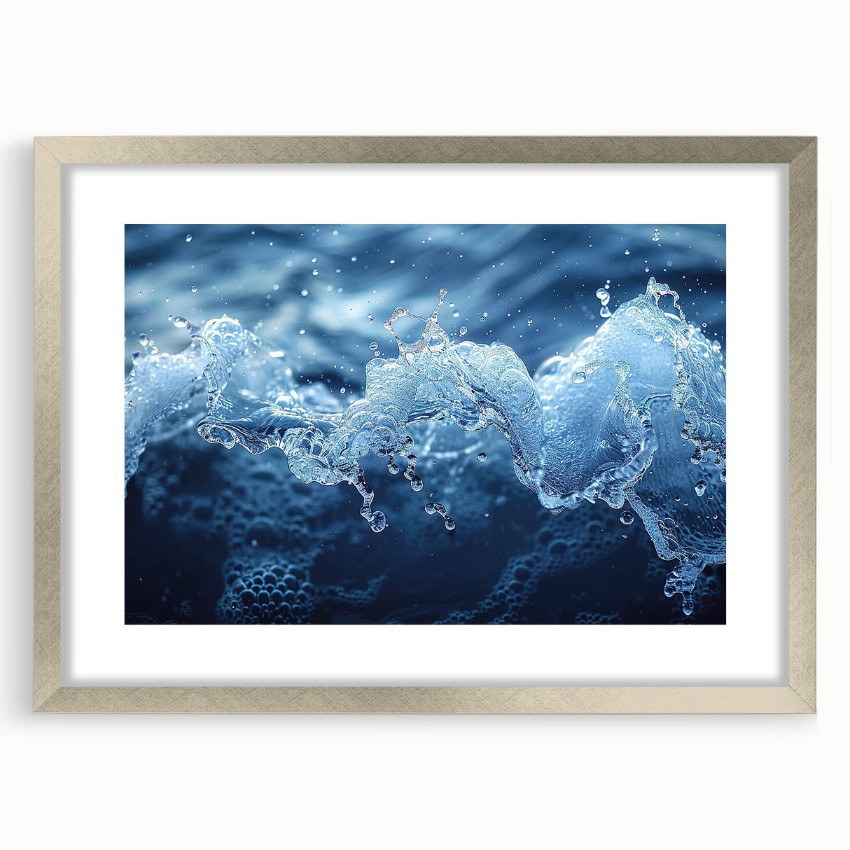 Textured art print of abstract water design in silver frame with mat, featuring cool blue and gray tones.