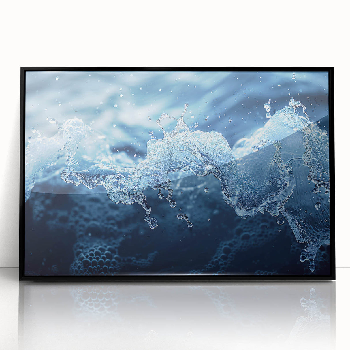 Large abstract wall art featuring swirling blue and green patterns on a framed acrylic, ideal for modern living room decor.