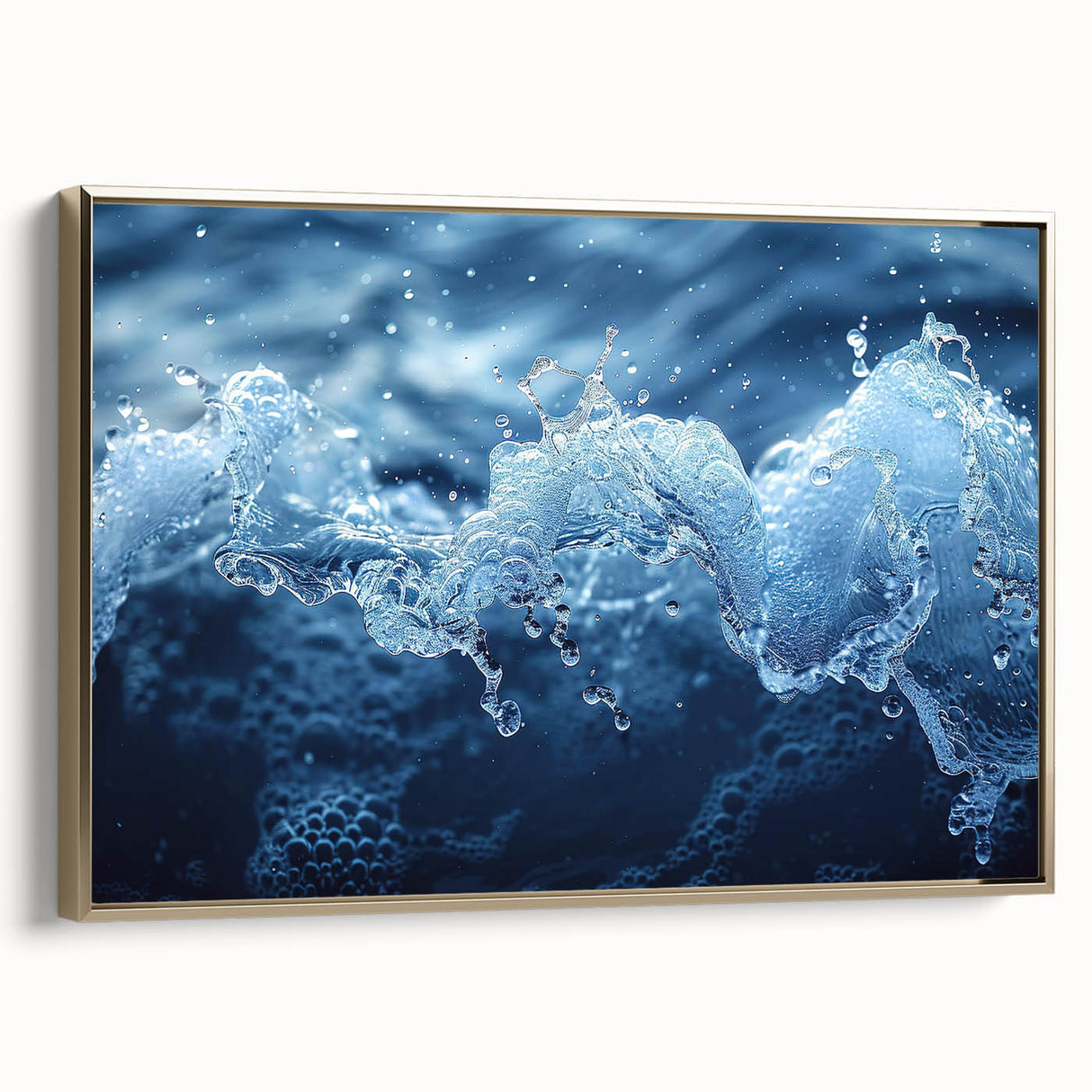 Framed canvas featuring a close-up water landscape in muted blue and gray, ideal for bedroom wall art.