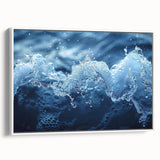 Vintage poster art featuring a close-up water design in vibrant blue and white tones on a framed canvas.