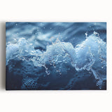 Black and white close-up of water droplets on a leaf, printed on a large stretched canvas, suitable for kitchen wall art.