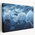 Close-up water droplet image in muted blue and white tones on stretched canvas, suitable for kitchen wall art.