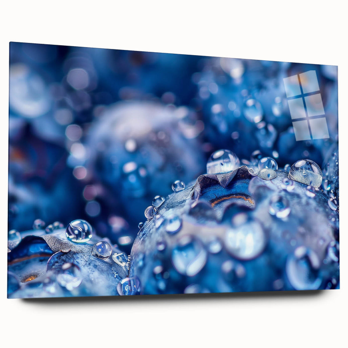 Close-up water design on large acrylic glass, featuring blue and teal abstract patterns.