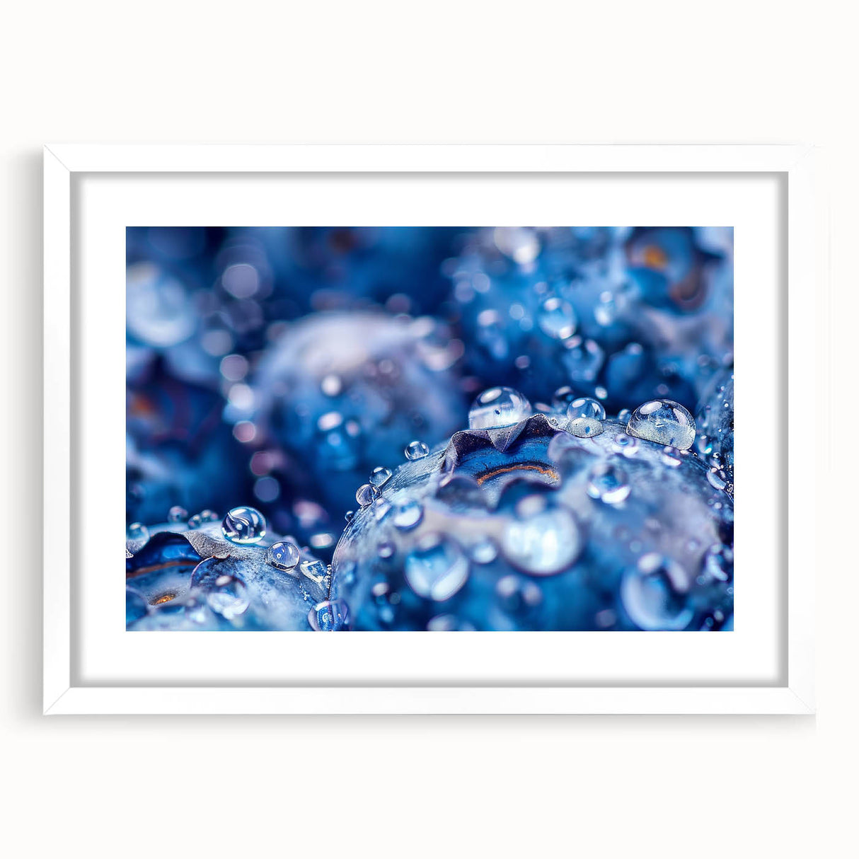 Abstract art print featuring swirling blue and white patterns on a framed canvas, suitable for dining room or bedroom decor.