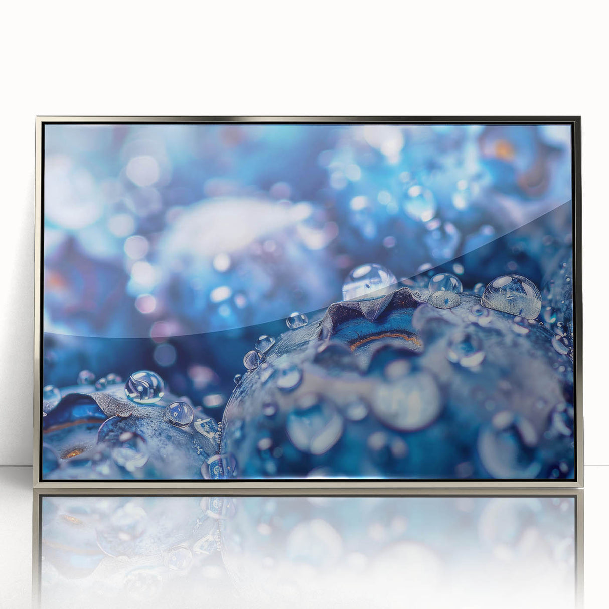 Mid-century modernist art of a close-up water design in silver framed acrylic, with a soothing blue palette.
