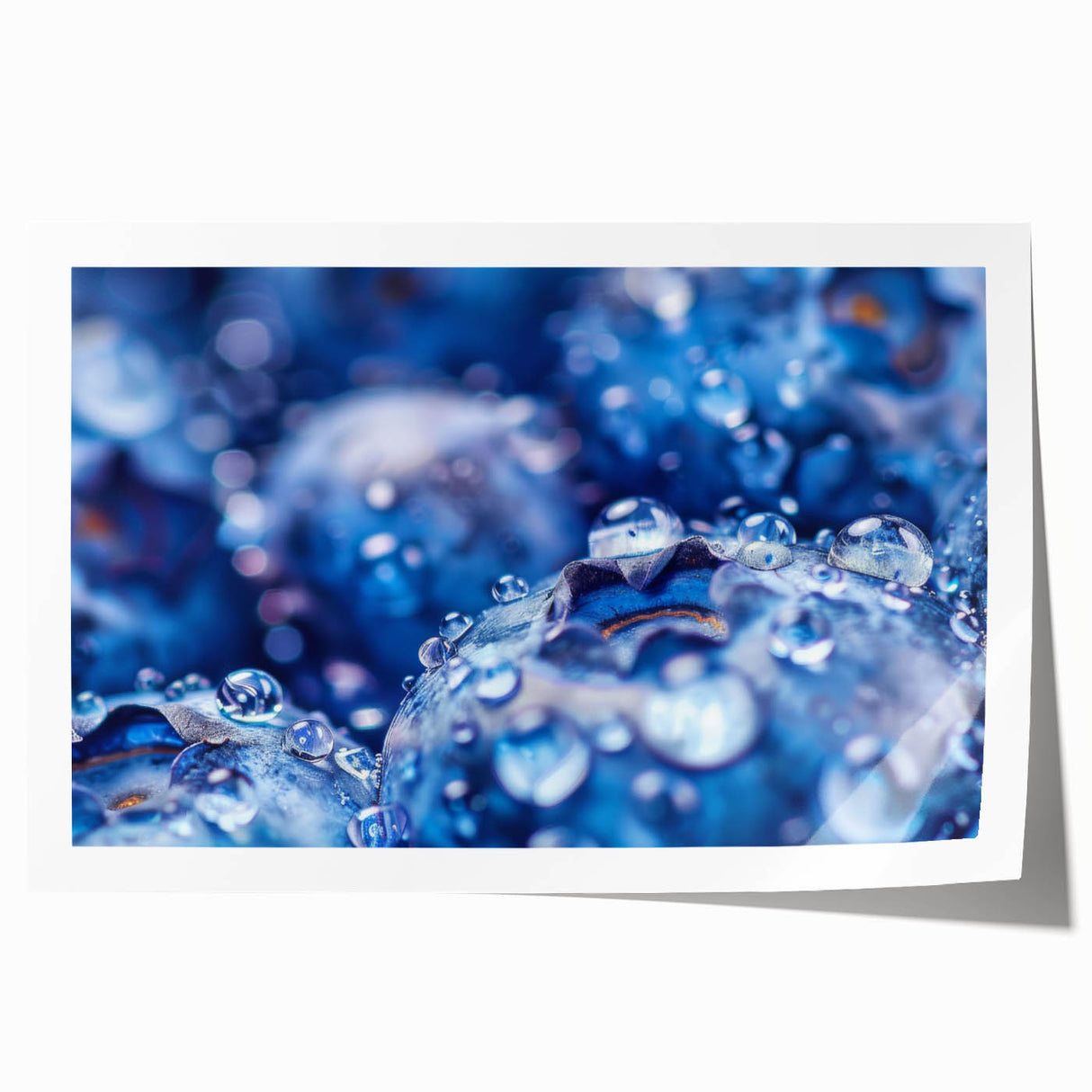 Close-up of water droplets on vibrant green leaves on a rolled print, suitable for art wall dining room.