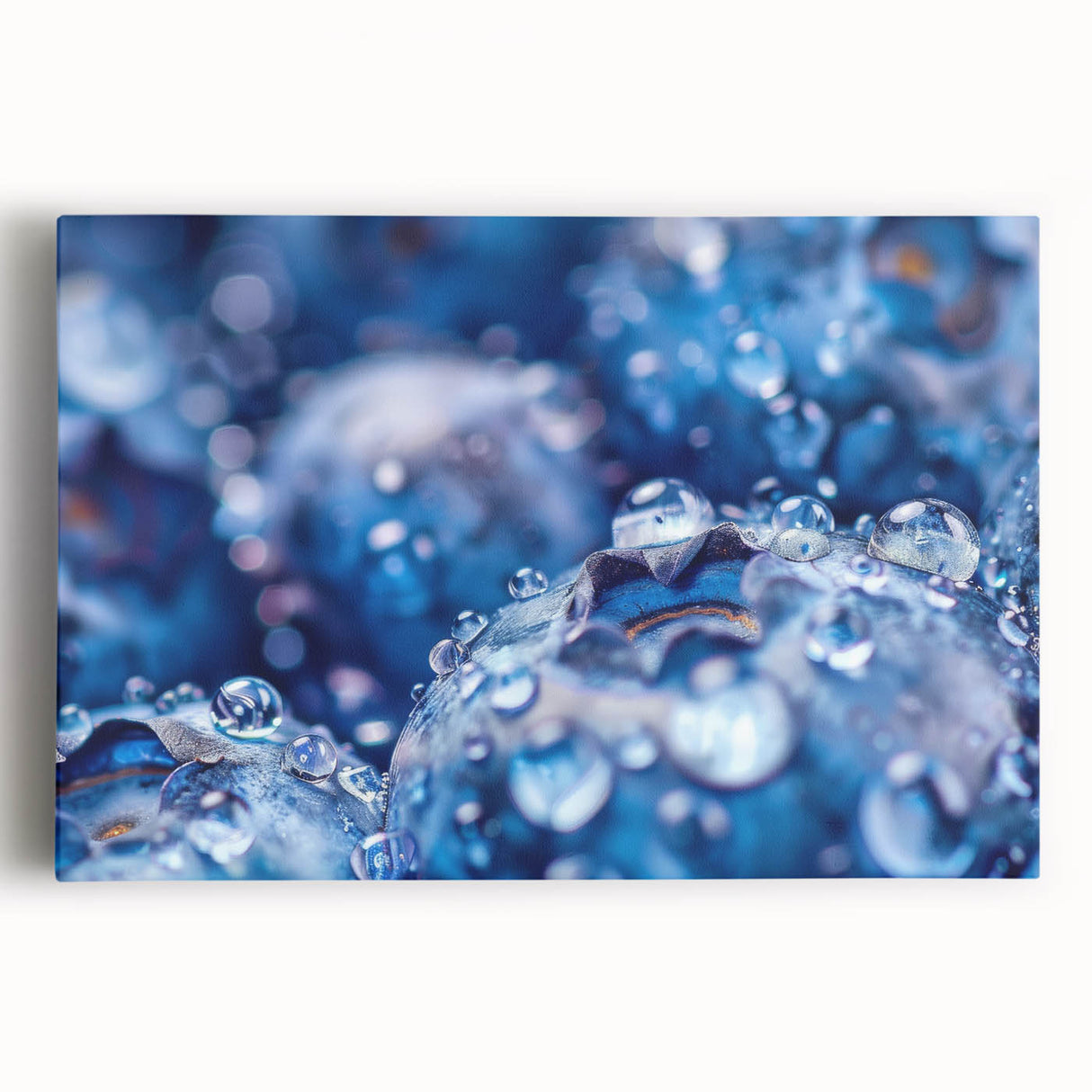 Close-up black and white photo of water droplets on a surface, printed on large stretched canvas, ideal for kitchen wall art.