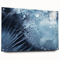 Close-up of large abstract wall art featuring swirling water designs in blue and white tones, printed on acrylic glass.