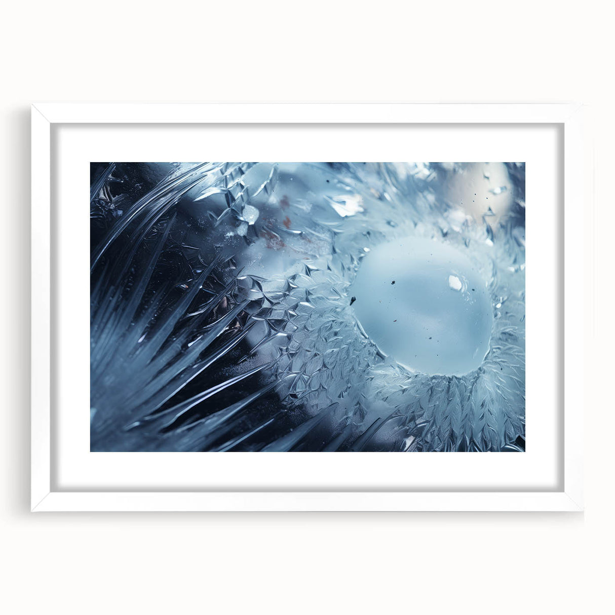 Abstract art print of rippling water in cool blue and white tones, framed with a white mat.