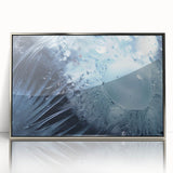 Mid-century modernist art depicting water droplets on a leaf, in muted green and blue tones, acrylic print framed in silver.