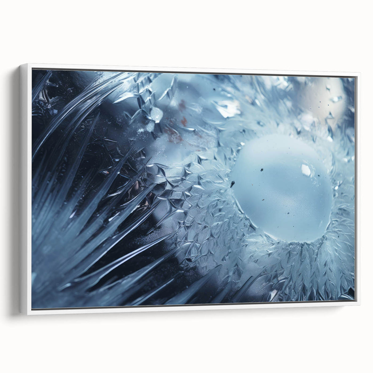Vintage poster art featuring a close-up of water droplets on a leaf, framed canvas with a white border.