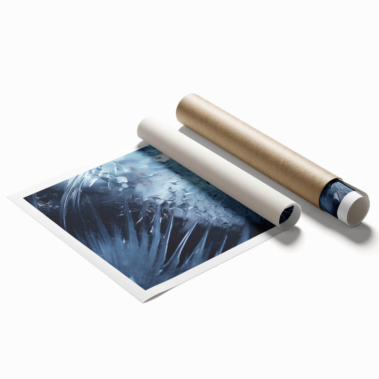 Extra large rolled print of a close-up water and floral design in soft blue and green tones.