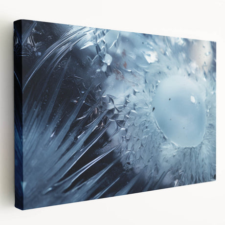 Close-up water droplet photography on a stretched canvas, featuring sharp details and cool blue tones.