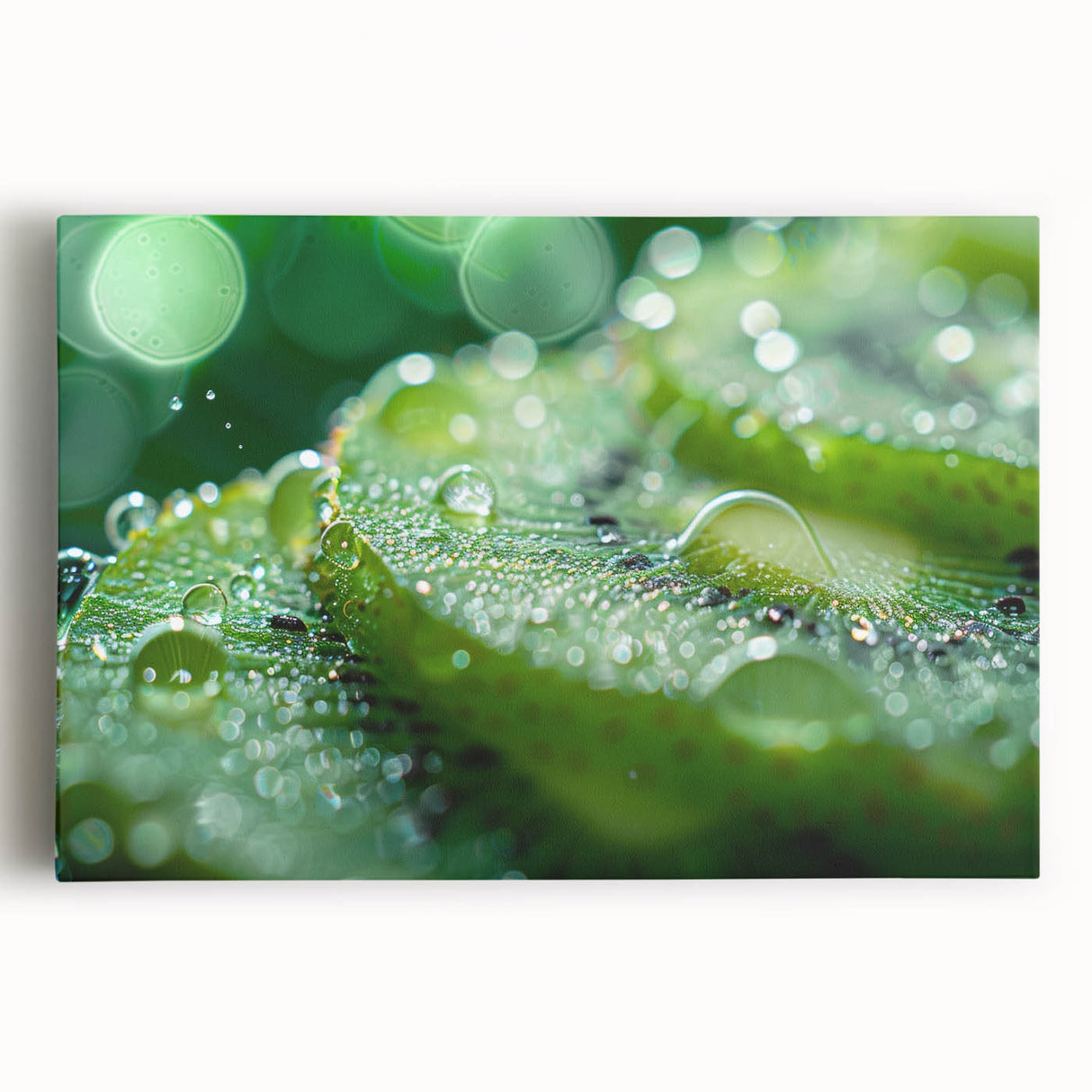 Black and white close-up photograph of water droplets on canvas, ideal for kitchen wall art.