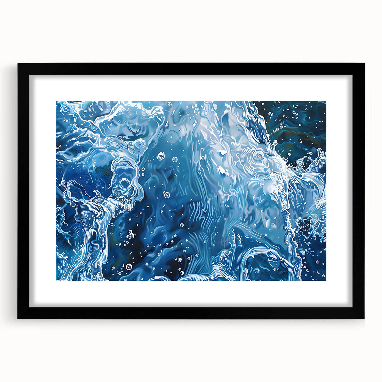 Abstract art print featuring textured, colorful patterns on a large canvas, framed in black, ideal for living room decor.