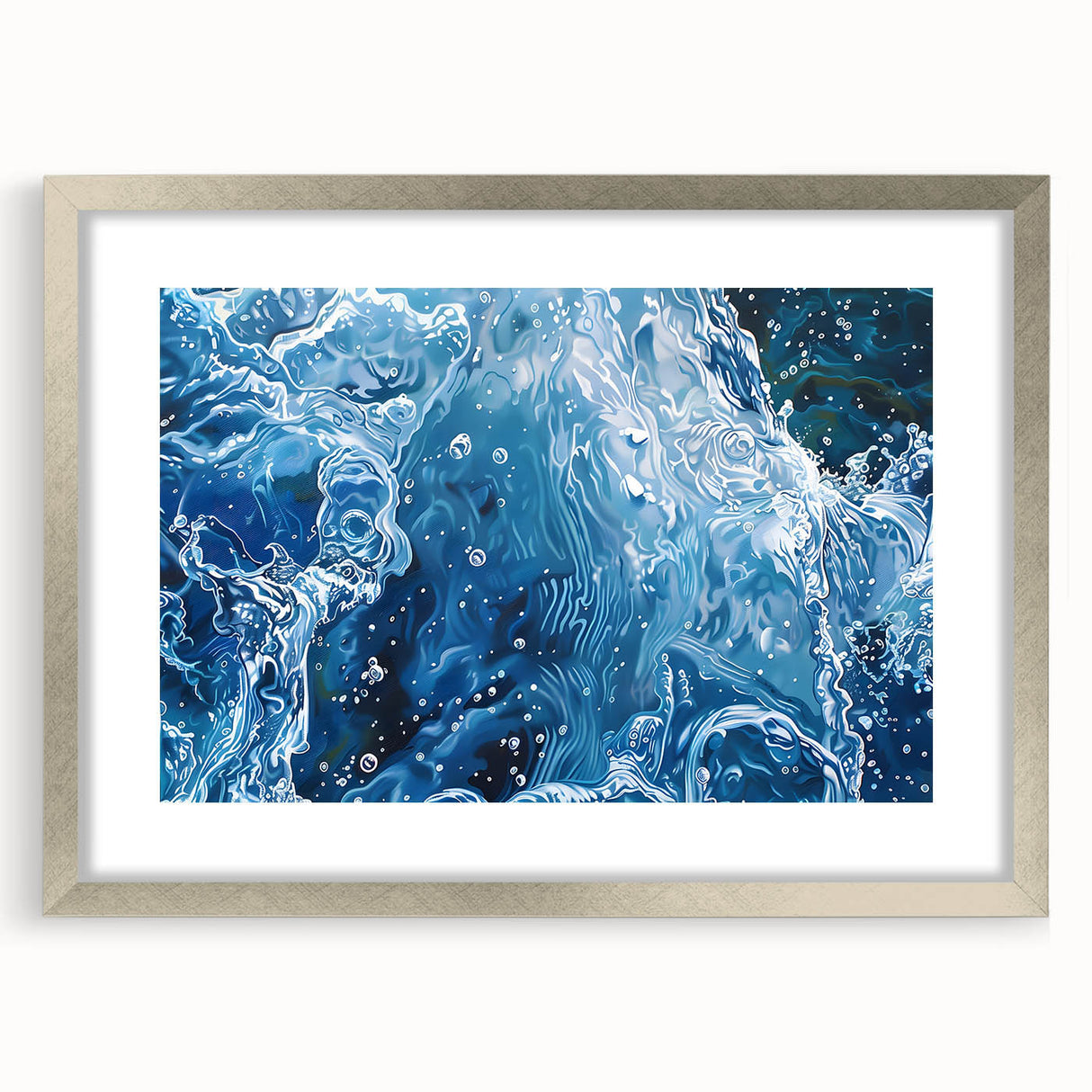 Textured abstract art print featuring rippling water designs in muted blue and gray, framed in silver.