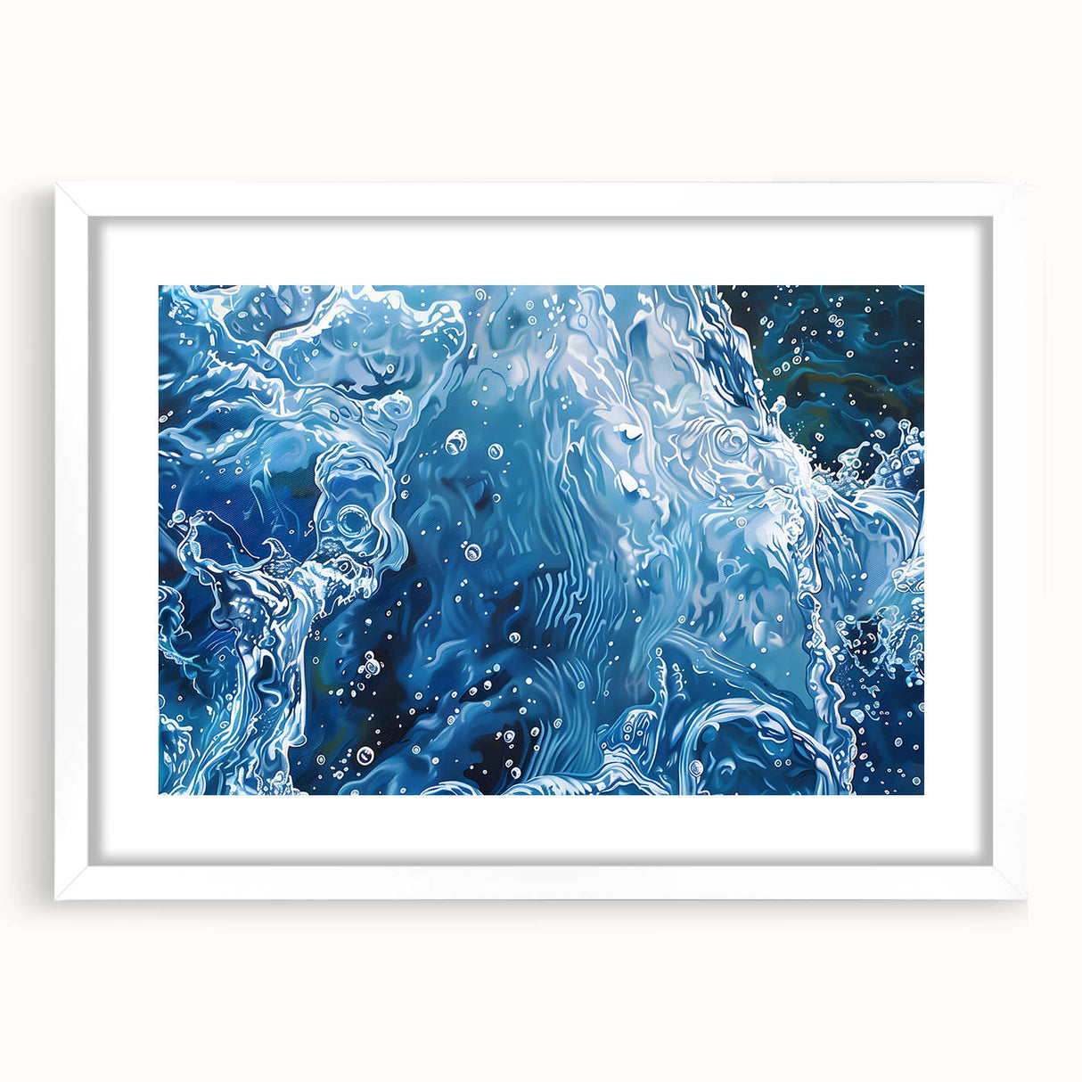 Abstract art print featuring swirling blue and white patterns on a framed canvas, suitable for dining room or bedroom decor.