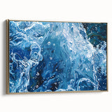 Framed canvas featuring a close-up landscape water design in muted blues and grays, ideal for bedroom wall art.