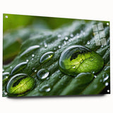 Close-up of water droplets on a leaf, printed on acrylic glass, suitable for serene bedroom or dining room decor.