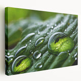 Close-up of water droplets on vibrant green foliage, printed on stretched canvas, suitable for kitchen wall art.