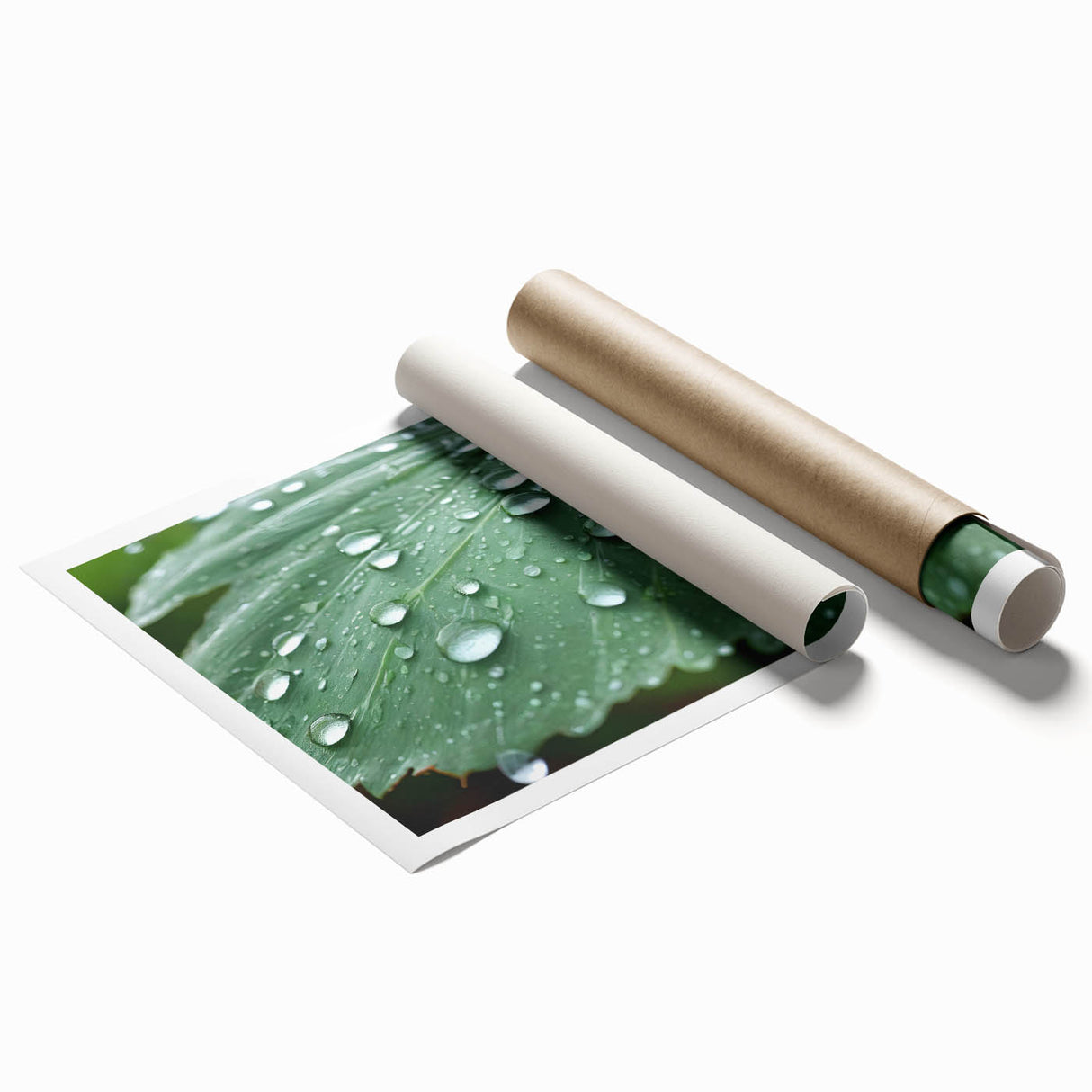 Extra large rolled print of a close-up water droplet on a leaf in muted green and blue tones, suitable for bathroom decor.